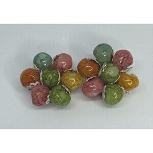 Vintage Orange Green Yellow Blue Colors Plastic Bead Cluster Clip Ear Hong Kong